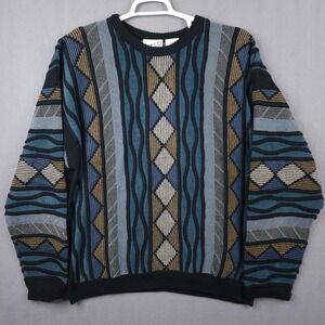 Irvine Park Mens XL Blue Black Geometric Textured Knit Coogi Style Crew Sweater